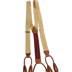Vintage Paul Stuart Solid Brass Suspenders  Leather  Elastic Straps Beige/Red